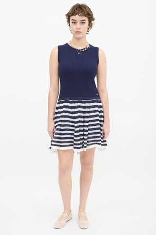 Chanel Navy 
White Knit Striped Drop Waist Dress