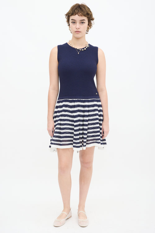 Chanel Navy 
White Knit Striped Drop Waist Dress