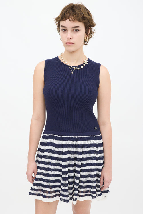 Chanel Navy 
White Knit Striped Drop Waist Dress