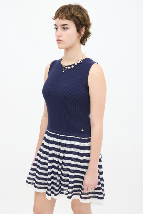 Chanel Navy 
White Knit Striped Drop Waist Dress