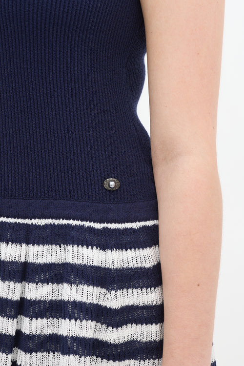 Chanel Navy 
White Knit Striped Drop Waist Dress