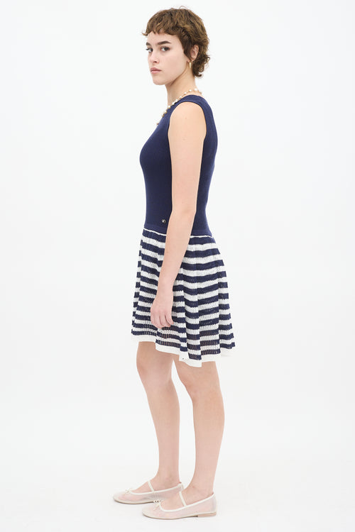 Chanel Navy 
White Knit Striped Drop Waist Dress