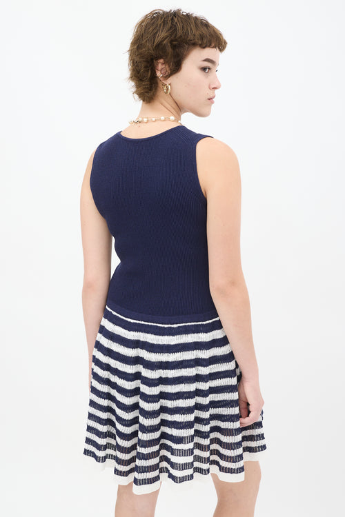 Chanel Navy 
White Knit Striped Drop Waist Dress