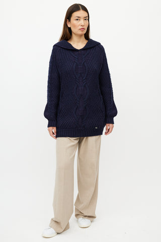 Chanel Navy Wool Cableknit Sailor Collar Sweater