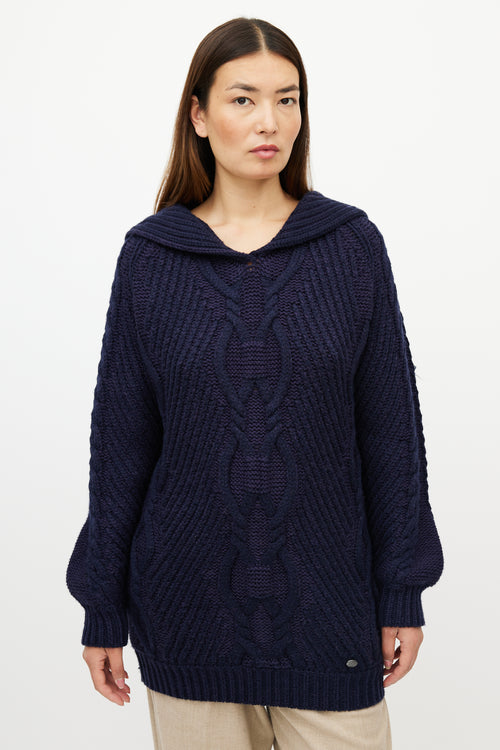 Chanel Navy Wool Cableknit Sailor Collar Sweater