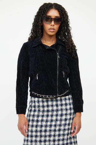 Chanel 06A Navy Velvet Moto Jacket