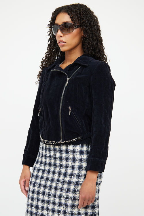 Chanel 06A Navy Velvet Moto Jacket