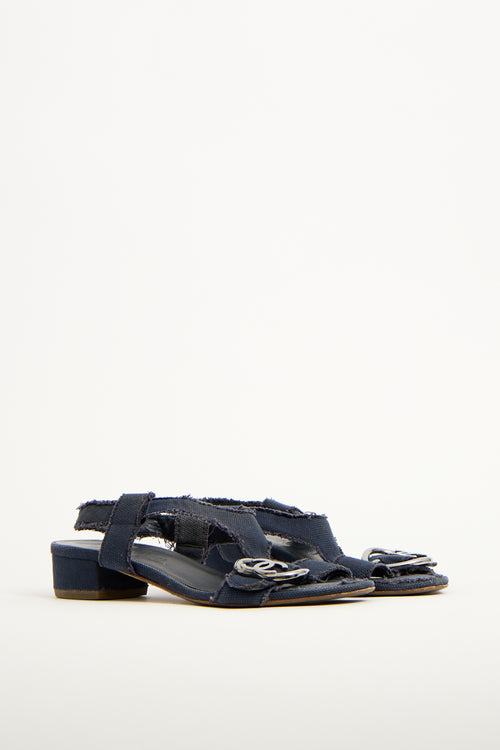 Chanel Navy Canvas CC Heart Buckle Sandal