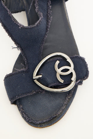 Chanel Navy Canvas CC Heart Buckle Sandal