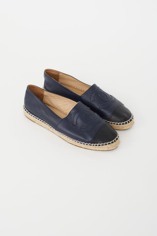 Chanel Navy 
Black Leather Logo Espadrille Flat