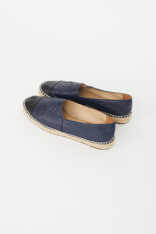 Chanel Navy 
Black Leather Logo Espadrille Flat