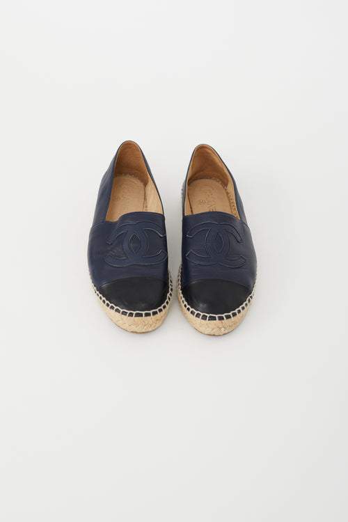 Chanel Navy 
Black Leather Logo Espadrille Flat