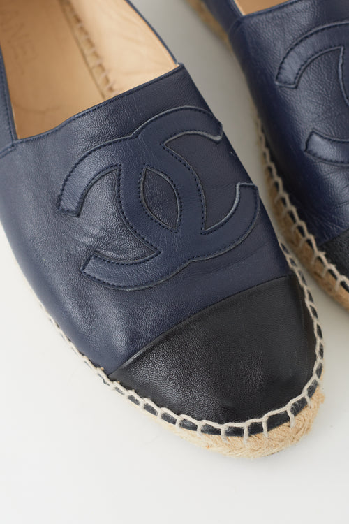 Chanel Navy 
Black Leather Logo Espadrille Flat