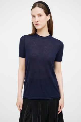 Chanel Navy Cashmere Sequin CC Short Sleeve Top