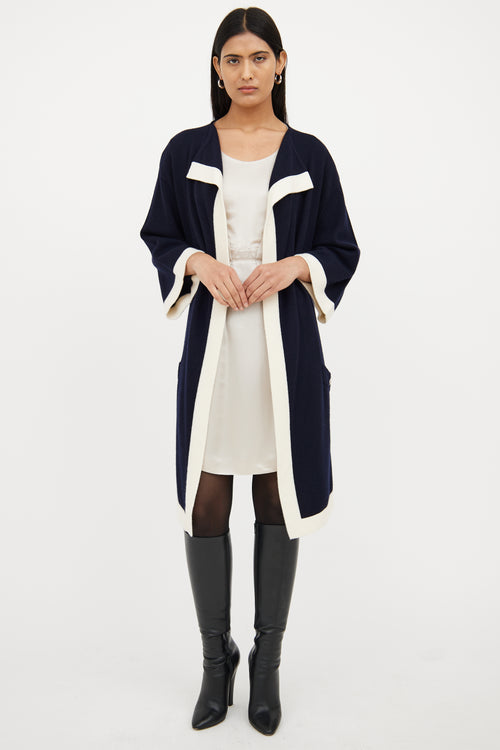 Chanel Navy 
White Cashmere Open Front Cardigan