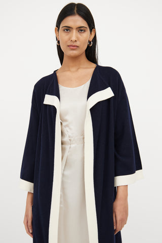 Chanel Navy 
White Cashmere Open Front Cardigan