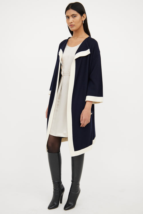 Chanel Navy 
White Cashmere Open Front Cardigan