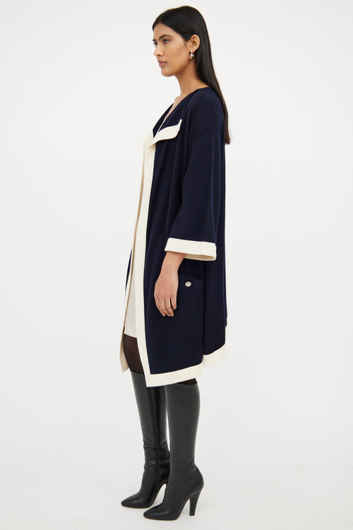 Chanel Navy 
White Cashmere Open Front Cardigan