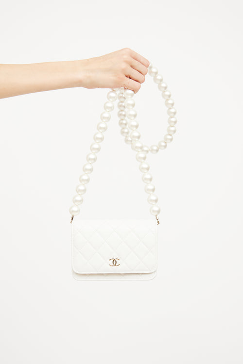 Chanel 2021 White Pearl Strap Mini Wallet On Chain Bag