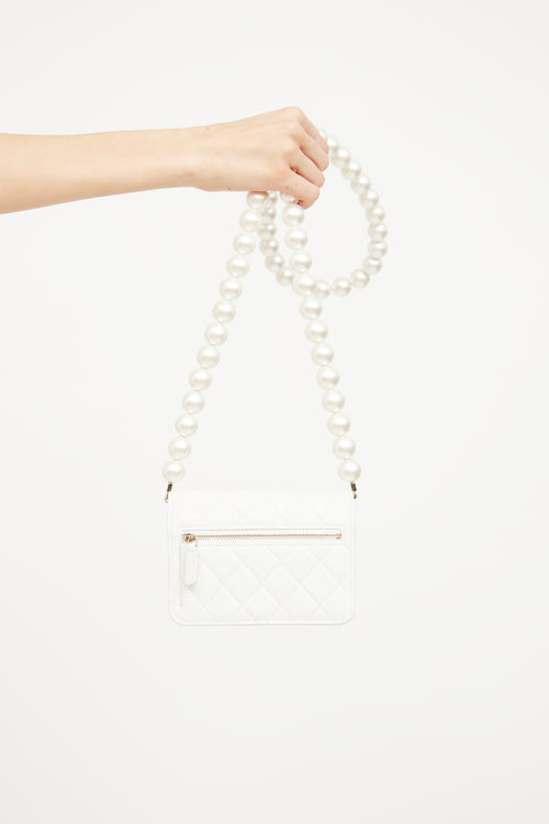 Chanel 2021 White Pearl Strap Mini Wallet On Chain Bag