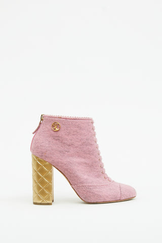 Chanel Pink 
Gold Felt Quilted Heel Booties