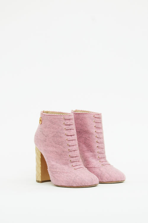 Chanel Pink 
Gold Felt Quilted Heel Booties