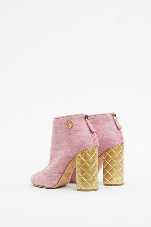 Chanel Pink 
Gold Felt Quilted Heel Booties