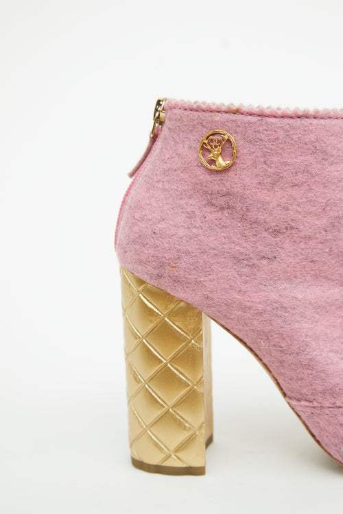 Chanel Pink 
Gold Felt Quilted Heel Booties