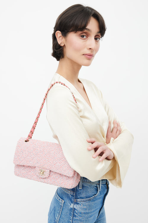 Chanel 2020 Pink 
Grey Tweed Double Flap Shoulder Bag