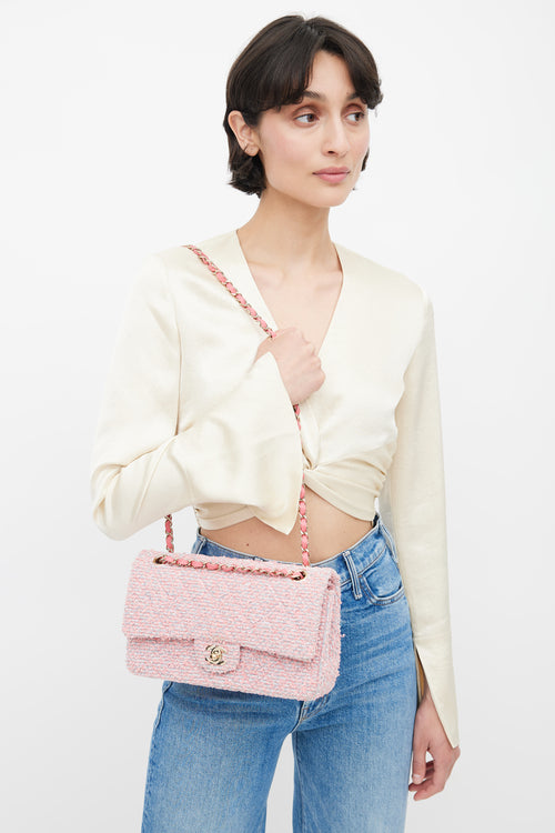 Chanel 2020 Pink 
Grey Tweed Double Flap Shoulder Bag