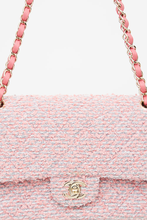 Chanel 2020 Pink 
Grey Tweed Double Flap Shoulder Bag