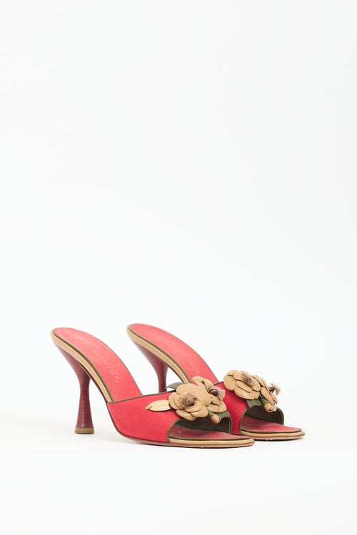 Chanel Vintage Red Canvas 
Leather Floral Sandal