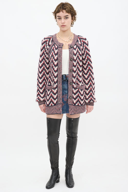 Chanel Red 
Multicolour Wool Chevron Cardigan