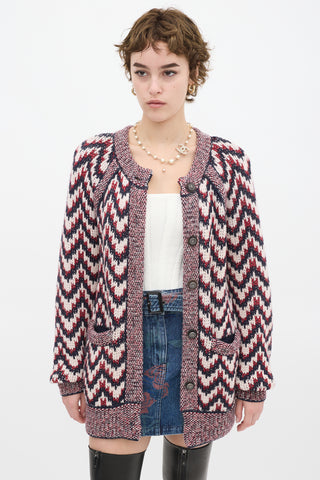 Chanel Red 
Multicolour Wool Chevron Cardigan