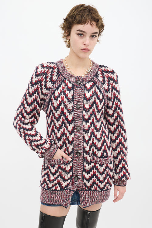 Chanel Red 
Multicolour Wool Chevron Cardigan