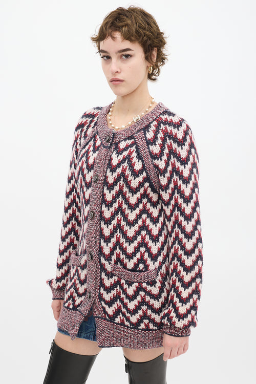 Chanel Red 
Multicolour Wool Chevron Cardigan