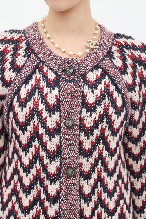 Chanel Red 
Multicolour Wool Chevron Cardigan