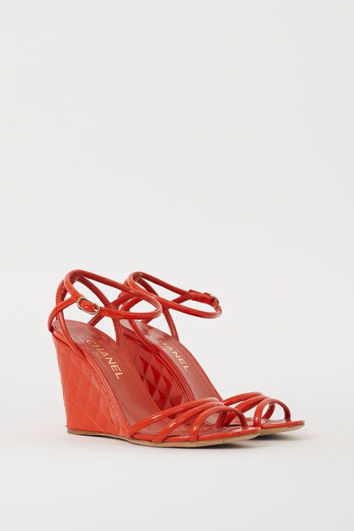 Chanel Red Patent Leather Quilted Wedge Sandal