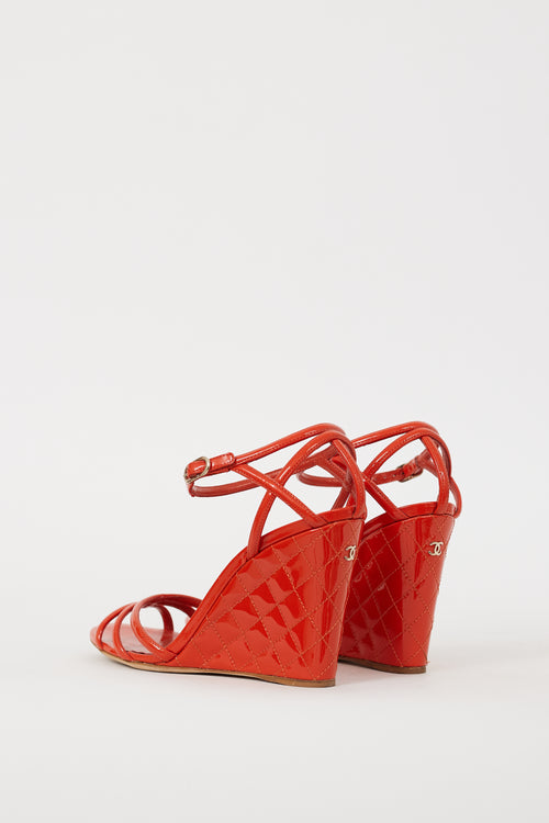 Chanel Red Patent Leather Quilted Wedge Sandal