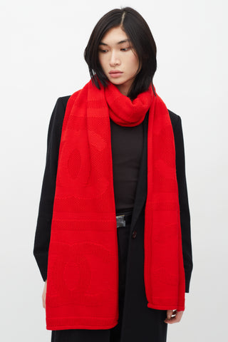 Chanel Red Wool Knit Logo Scarf