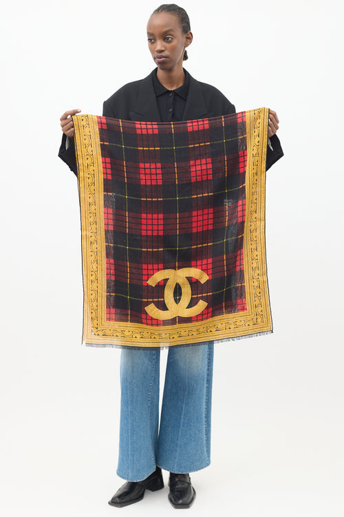 Chanel Red 
Yellow Plaid CC Scarf