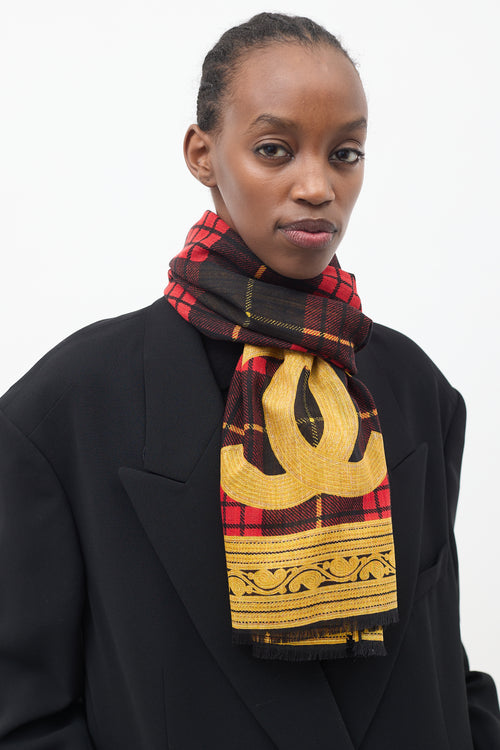 Chanel Red 
Yellow Plaid CC Scarf