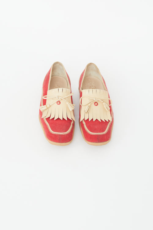 Chanel Vintage Red 
Beige Fringe Loafer