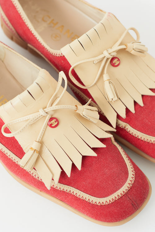 Chanel Vintage Red 
Beige Fringe Loafer