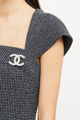 Chanel 2018 Silver Tone Crystal CC Brooch