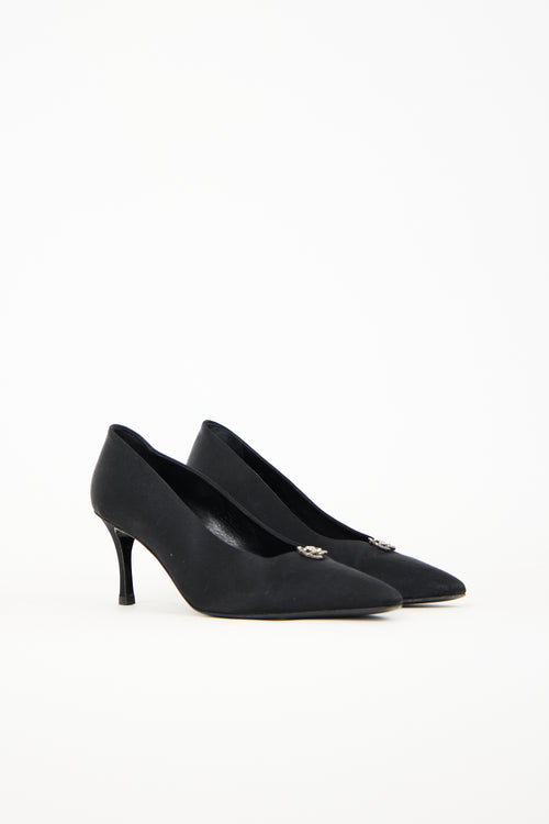 Chanel Black Satin CC Camellia  Pump