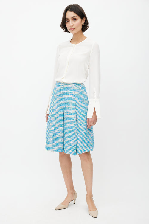 Chanel SS 2001 Blue 
White Metallic Tweed Skirt