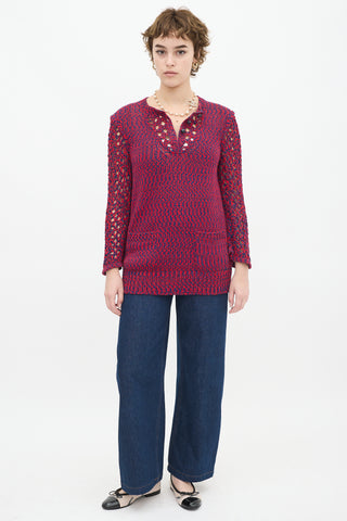 Chanel SS 2014 Red 
Navy Cotton Knit Two Pocket Sweater