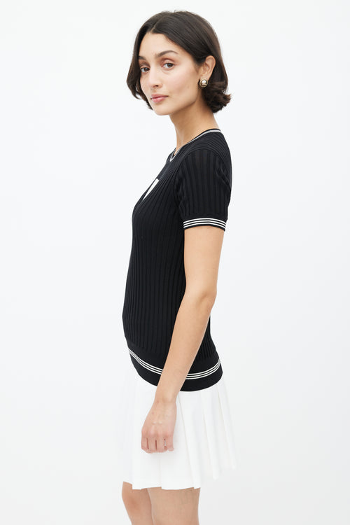 Chanel SS 2019 Black 
White Ribbed Knit Collegiate Top