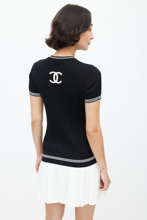 Chanel SS 2019 Black 
White Ribbed Knit Collegiate Top